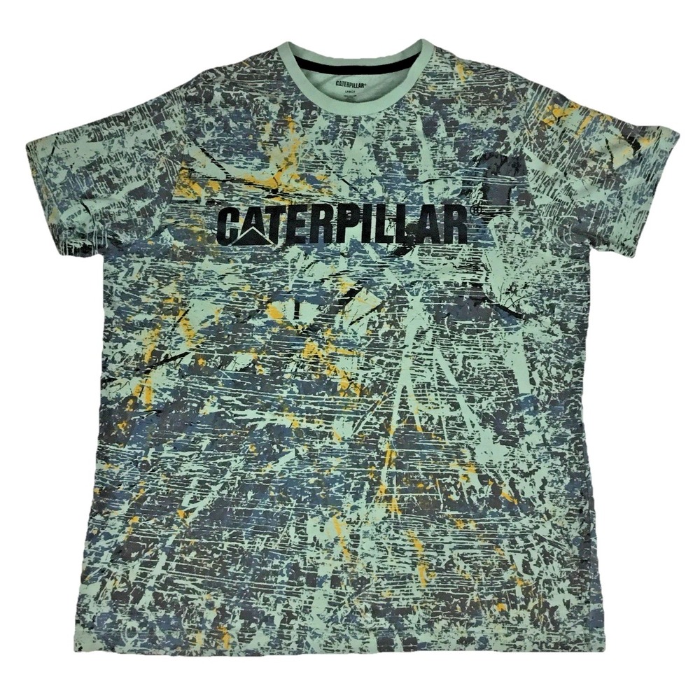 Caterpillar Mens Large T-Shirt‎ Green Abstract Distressed Graphic Logo Tee CAT
